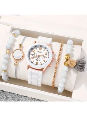 Geneva White watch + Boho Stone Bracelet Set Matching Trendy Chic Everyday Style